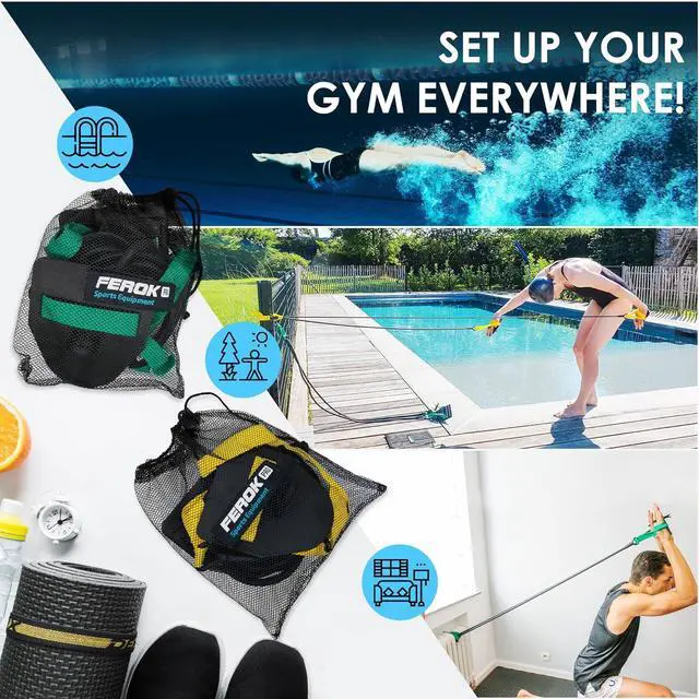 Alt view image 7 of 7 - Swimming Resistance Band Set with Paddles  The Ultimate Swim Training Equipment for Dryland Workout - Resistance Bands & Cords for Swimming - Including Exercise - Light Yellow