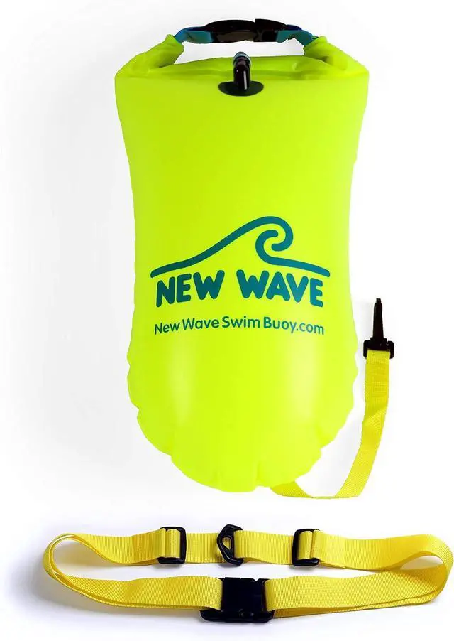 Main image of New Wave Swim Buoy for Open Water Swimmers and Triathletes - Light and Visible Float for Safe Training and Racing - High Visiblity Fluo Green