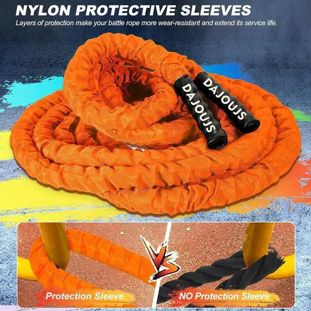 Alt view image 2 of 7 - Battle Ropes for Home Gym 1.5Inch Diameter 30 FT Lengths Workout Heavy Battle Ropes for Exercise Training Weighted Ropes for Working Out Exercise Equipment with Protective Cove - Orange