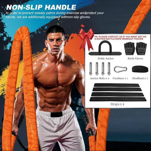 Alt view image 4 of 7 - Battle Ropes for Home Gym 1.5Inch Diameter 30 FT Lengths Workout Heavy Battle Ropes for Exercise Training Weighted Ropes for Working Out Exercise Equipment with Protective Cove - Orange