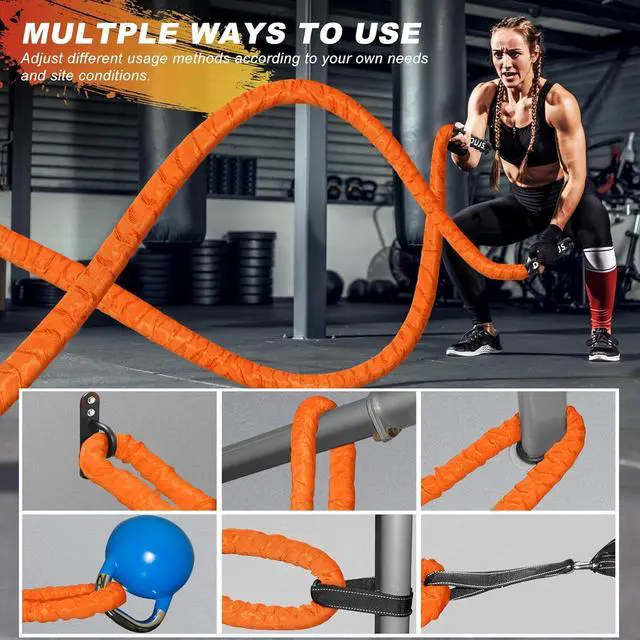 Alt view image 5 of 7 - Battle Ropes for Home Gym 1.5Inch Diameter 30 FT Lengths Workout Heavy Battle Ropes for Exercise Training Weighted Ropes for Working Out Exercise Equipment with Protective Cove - Orange