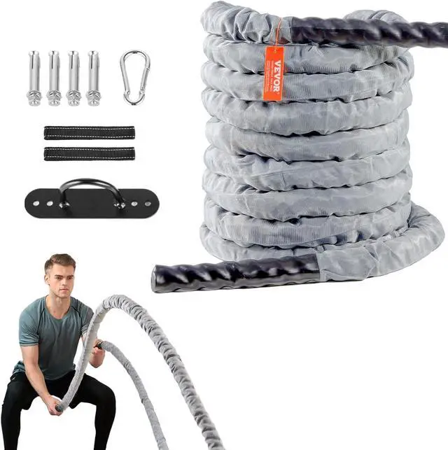 Main image of VEVOR Battle Rope, 1.5 Inch Diameter 30Ft Length Polyester Exercise Rope, Battle Exercise Equipment with Protect Sleeve & Anchor, Heavy Weighted Rope for Home Gym Workout Core Strength Training, Gray
