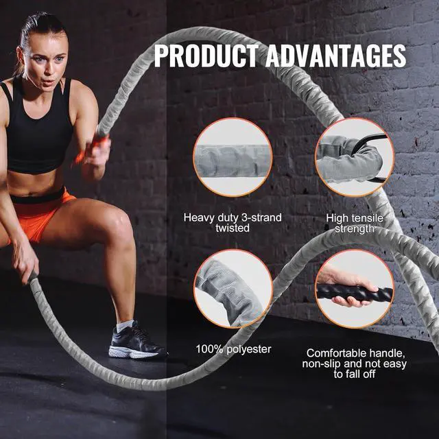 Alt view image 3 of 7 - VEVOR Battle Rope, 1.5 Inch Diameter 30Ft Length Polyester Exercise Rope, Battle Exercise Equipment with Protect Sleeve & Anchor, Heavy Weighted Rope for Home Gym Workout Core Strength Training, Gray