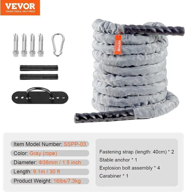 Alt view image 7 of 7 - VEVOR Battle Rope, 1.5 Inch Diameter 30Ft Length Polyester Exercise Rope, Battle Exercise Equipment with Protect Sleeve & Anchor, Heavy Weighted Rope for Home Gym Workout Core Strength Training, Gray