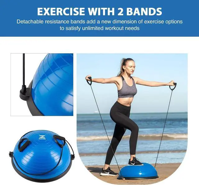 Alt view image 2 of 7 - ZELUS Balance Ball Trainer with Resistance Bands and Foot Pump, Inflatable Yoga Ball for Home Gym Workouts, 23 Inch Exercise Half Ball for Balance Training Core Strength Fitness More, 330lb Cap