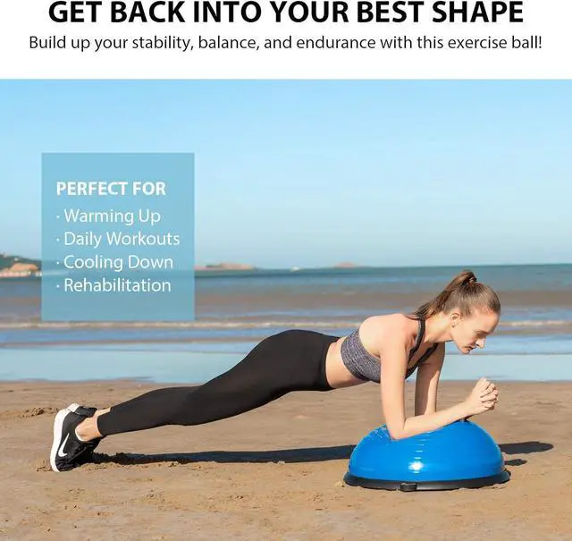Alt view image 4 of 7 - ZELUS Balance Ball Trainer with Resistance Bands and Foot Pump, Inflatable Yoga Ball for Home Gym Workouts, 23 Inch Exercise Half Ball for Balance Training Core Strength Fitness More, 330lb Cap