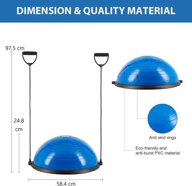 Alt view image 7 of 7 - ZELUS Balance Ball Trainer with Resistance Bands and Foot Pump, Inflatable Yoga Ball for Home Gym Workouts, 23 Inch Exercise Half Ball for Balance Training Core Strength Fitness More, 330lb Cap