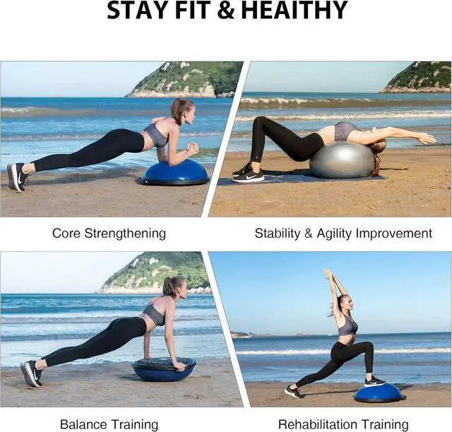Alt view image 6 of 7 - ZELUS 25in. Balance Ball | 660lb Inflatable Half Exercise Ball Wobble Board Balance Trainer w Nonslip Base | Half Yoga Ball Strength Training Equipment w 2 Bands, Pump, Extra Ball Included