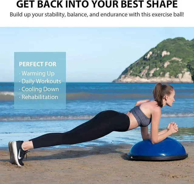 Alt view image 7 of 7 - ZELUS 25in. Balance Ball | 660lb Inflatable Half Exercise Ball Wobble Board Balance Trainer w Nonslip Base | Half Yoga Ball Strength Training Equipment w 2 Bands, Pump, Extra Ball Included