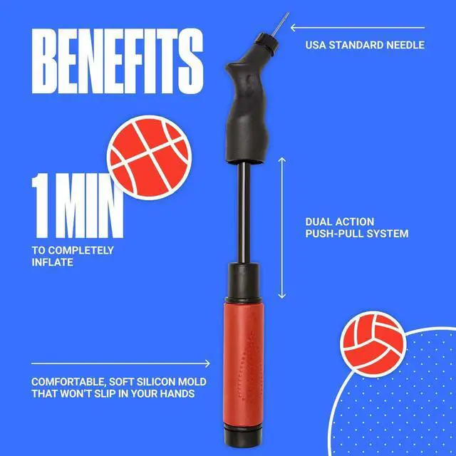 Alt view image 3 of 6 - SPORTBIT Ball Pump for Sports Balls - Push & Pull Inflating System - Hand Pump for All Exercise Balls - Volleyball Pump, Basketball Inflator, Football & Soccer Ball Air Pump - Goes with 5 Needles Set
