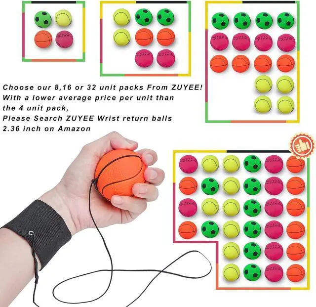 Alt view image 2 of 7 - 4/8/16 Pack 2.36 Inch Wrist Return Ball Wristband Ball Rubber Rebound Bouncy Sport Ball (Basketball, Baseball, Soccer,Tennis) on Elastic String Wrist Exercise or Play,Gift Toy for Kids Teens Adults