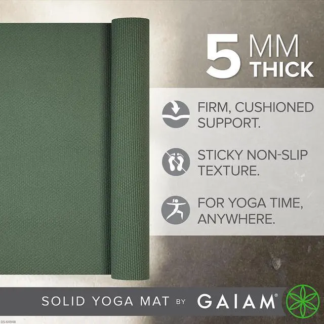 Alt view image 2 of 6 - Gaiam Yoga Mat - Premium 5mm Solid Thick Non Slip Exercise & Fitness Mat for All Types of Yoga, Pilates & Floor Workouts (68" x 24" x 5mm)