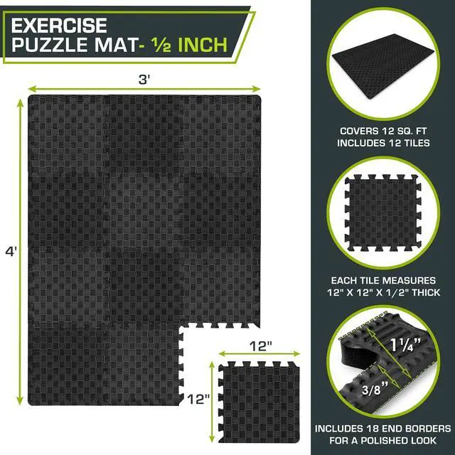 Alt view image 2 of 6 - ProsourceFit Exercise Puzzle Mat ½-in, Checkered EVA Foam Floor Tiles w/ Non-Slip Texture, Gym Mat w/ Interlocking Foam Tiles for Adjustable Surface