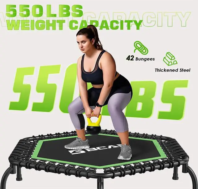 Alt view image 4 of 7 - BCAN 48" Mini Trampoline, 550 LBS Fitness Trampoline with T-Adjustable Handle Bar, Bungees, Stable & Quiet Exercise Rebounder for Adults Indoor/Garden Workout-Green