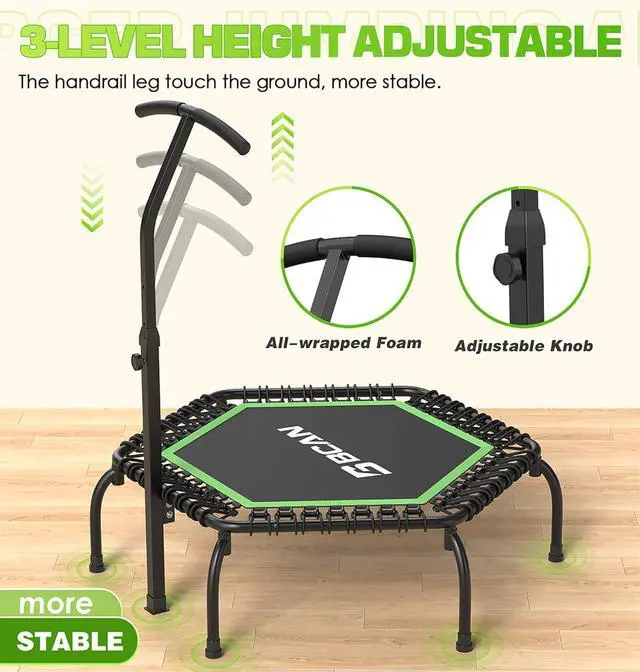 Alt view image 5 of 7 - BCAN 48" Mini Trampoline, 550 LBS Fitness Trampoline with T-Adjustable Handle Bar, Bungees, Stable & Quiet Exercise Rebounder for Adults Indoor/Garden Workout-Green