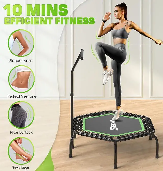 Alt view image 7 of 7 - BCAN 48" Mini Trampoline, 550 LBS Fitness Trampoline with T-Adjustable Handle Bar, Bungees, Stable & Quiet Exercise Rebounder for Adults Indoor/Garden Workout-Green