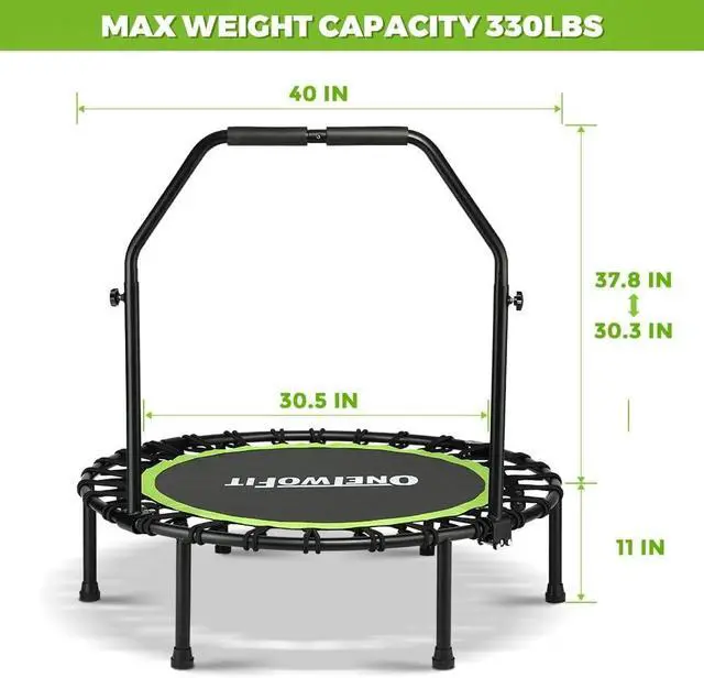 Alt view image 2 of 7 - ONETWOFIT Foldable Rebounder Trampoline for Adults, 40/42/ 45 Mini Fitness Trampoline W/Adjustable Foam Handle Bungees, Quiet Exercise Trampoline for Personal Indoor Workout