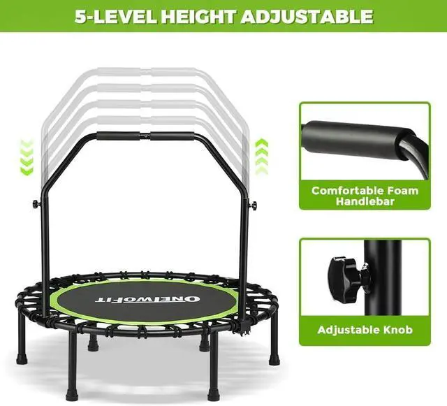 Alt view image 4 of 7 - ONETWOFIT Foldable Rebounder Trampoline for Adults, 40/42/ 45 Mini Fitness Trampoline W/Adjustable Foam Handle Bungees, Quiet Exercise Trampoline for Personal Indoor Workout