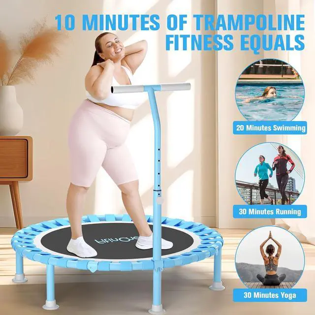 Alt view image 7 of 7 - 40" Fitness Mini Trampoline with Adjustable Handle Bar, 330lbs Foldable Bungee Rebounder for Adults and Kids, Stable & Quiet Exercise Rebounder Indoor Workout