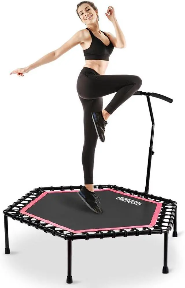 Main image of ONETWOFIT 48" Silent Mini Trampoline with Adjustable Handle Bar Fitness Trampoline Bungee Rebounder Jumping Cardio Trainer Workout for Adults