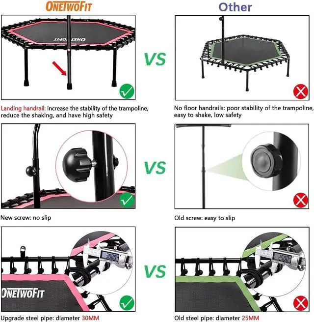 Alt view image 4 of 7 - ONETWOFIT 48" Silent Mini Trampoline with Adjustable Handle Bar Fitness Trampoline Bungee Rebounder Jumping Cardio Trainer Workout for Adults
