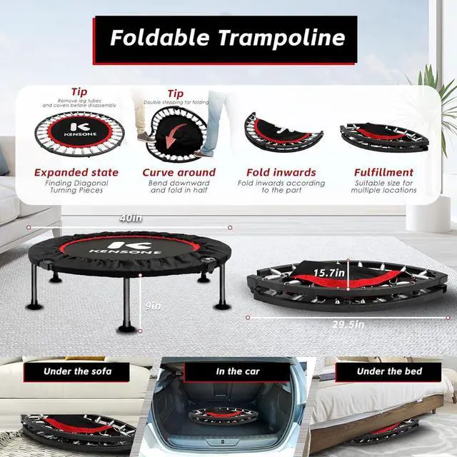 Alt view image 6 of 6 - KENSONE 40" Mini Spring Trampoline Rebounder for Adults, Small Fitness Trampoline for Indoor Exercise with 1 Oxford Cover and 1 Foam Safety Pad, Max Load 330 LBS