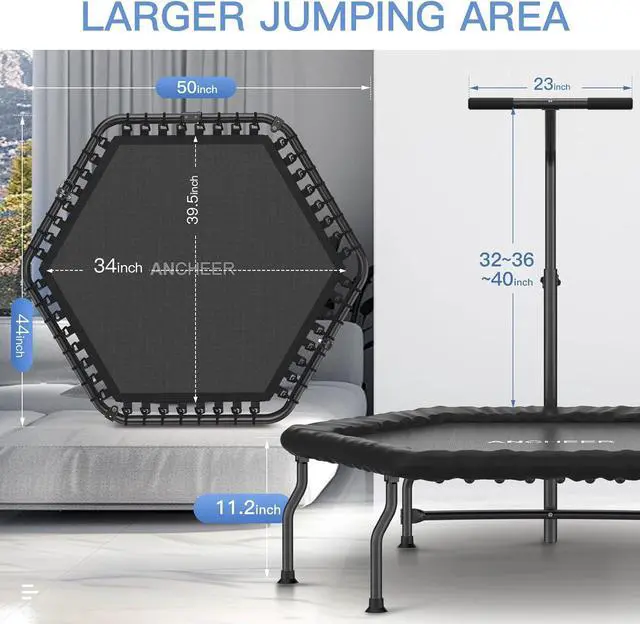 Alt view image 5 of 7 - ANCHEER 50" Rebounder Trampoline for Adults with Bar, 550 LBS Mini Trampoline Quiet Exercise Rebounder Bungee Rebounder Jumping Cardio Trainer Workout for Adults
