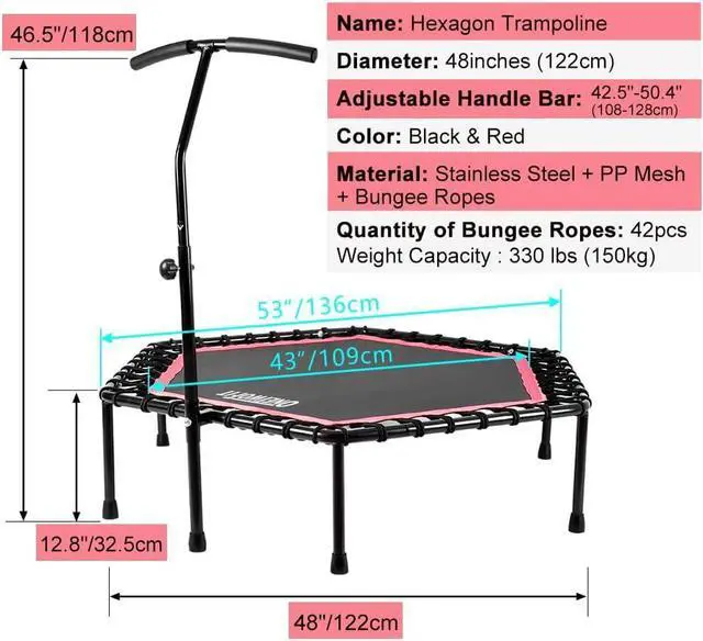 Alt view image 2 of 7 - ONETWOFIT 48" Silent Mini Trampoline with Adjustable Handle Bar Fitness Trampoline Bungee Rebounder Jumping Cardio Trainer Workout for Adults