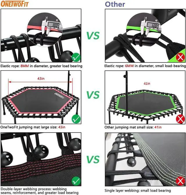 Alt view image 3 of 7 - ONETWOFIT 48" Silent Mini Trampoline with Adjustable Handle Bar Fitness Trampoline Bungee Rebounder Jumping Cardio Trainer Workout for Adults