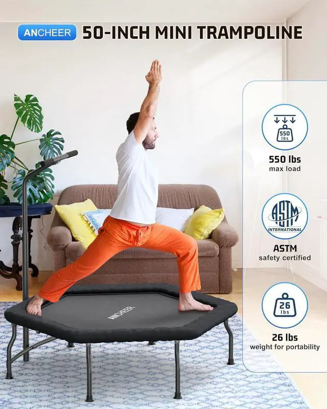 Alt view image 2 of 6 - ANCHEER 50" Foldable Fitness Trampoline for Adults & Kids, 550 lbs Capacity Bungee Rebounder with Adjustable Handle, Quiet Cardio Workout Equipment for Home Gym