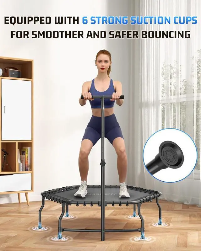 Alt view image 5 of 6 - ANCHEER 50" Foldable Fitness Trampoline for Adults & Kids, 550 lbs Capacity Bungee Rebounder with Adjustable Handle, Quiet Cardio Workout Equipment for Home Gym