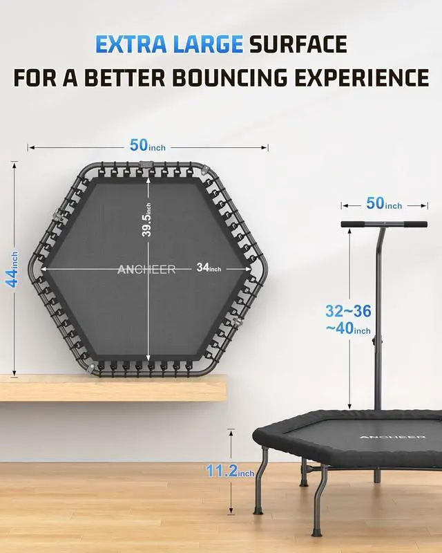 Alt view image 6 of 6 - ANCHEER 50" Foldable Fitness Trampoline for Adults & Kids, 550 lbs Capacity Bungee Rebounder with Adjustable Handle, Quiet Cardio Workout Equipment for Home Gym