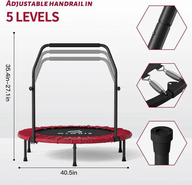 Alt view image 2 of 6 - CLORIS 40in Folding Trampoline Mini Rebounder Fitness Trampoline with Adjustable Foam Handle for Kids/Adult, with safty Padded Cover Best Gift for Kids/Adult