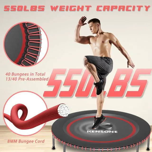 Alt view image 2 of 7 - 40"/48" Low-Impact Rebounder Trampoline for Adults with Bungee, 450/550LBS Quiet Mini Exercise Trampoline with Adjustable U-Shaped Foam Handle Bar, Fitness Equipment for Indoor/Gym Workout