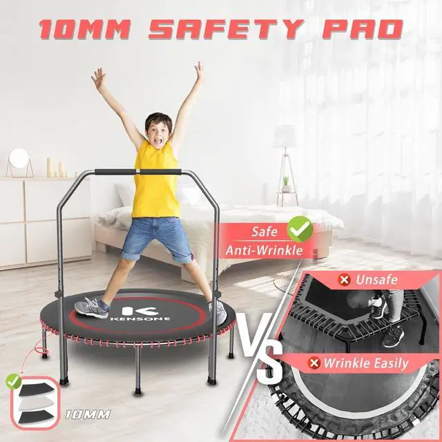 Alt view image 3 of 7 - 40"/48" Low-Impact Rebounder Trampoline for Adults with Bungee, 450/550LBS Quiet Mini Exercise Trampoline with Adjustable U-Shaped Foam Handle Bar, Fitness Equipment for Indoor/Gym Workout