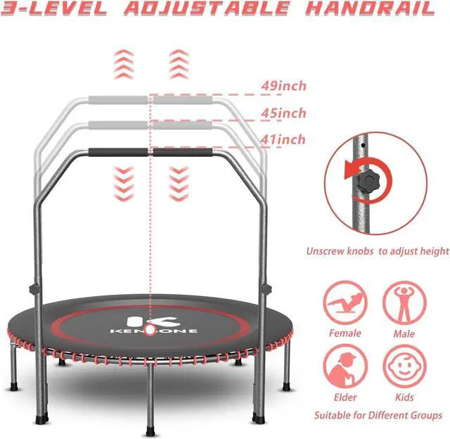 Alt view image 5 of 7 - 40"/48" Low-Impact Rebounder Trampoline for Adults with Bungee, 450/550LBS Quiet Mini Exercise Trampoline with Adjustable U-Shaped Foam Handle Bar, Fitness Equipment for Indoor/Gym Workout