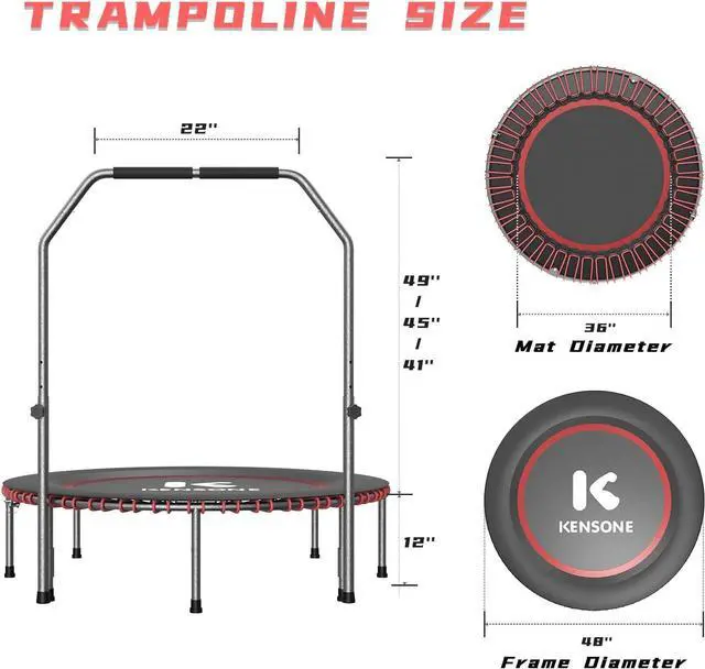 Alt view image 6 of 7 - 40"/48" Low-Impact Rebounder Trampoline for Adults with Bungee, 450/550LBS Quiet Mini Exercise Trampoline with Adjustable U-Shaped Foam Handle Bar, Fitness Equipment for Indoor/Gym Workout