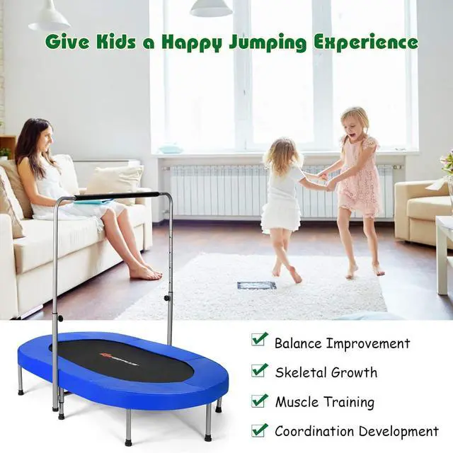 Alt view image 2 of 7 - Goplus Foldable Trampoline, Double Mini Kids Trampoline Rebounder with Adjustable Central Handrail and Safety Pad, Exercise Trampoline for Indoor Outdoor Cardio, Max Load 330lbs