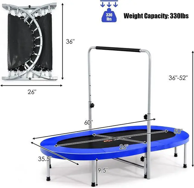 Alt view image 3 of 7 - Goplus Foldable Trampoline, Double Mini Kids Trampoline Rebounder with Adjustable Central Handrail and Safety Pad, Exercise Trampoline for Indoor Outdoor Cardio, Max Load 330lbs