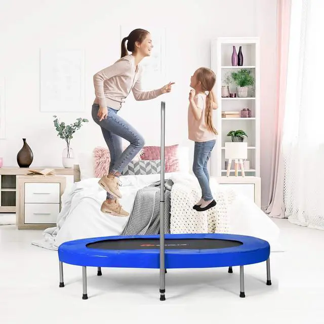 Alt view image 5 of 7 - Goplus Foldable Trampoline, Double Mini Kids Trampoline Rebounder with Adjustable Central Handrail and Safety Pad, Exercise Trampoline for Indoor Outdoor Cardio, Max Load 330lbs