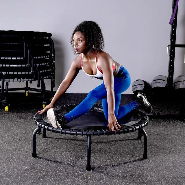 Alt view image 4 of 7 - JumpSport Indoor Heavy Duty Lightweight 44 Inch Folding Fitness Trampoline with Arched Legs and 7 Adjustable Tension