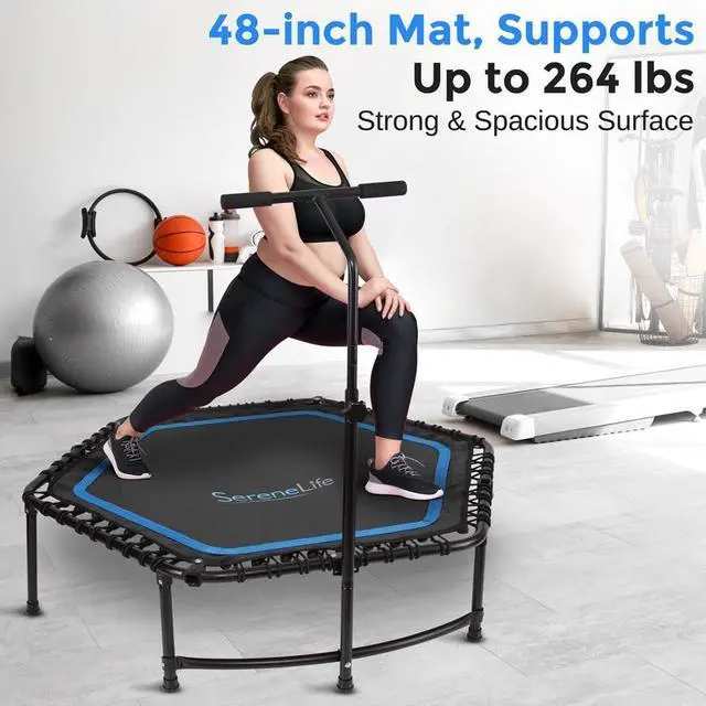 Alt view image 2 of 7 - SereneLife 40/48" Foldable Mini Trampoline - Compact Fitness Trampoline for Kids Adults, Exercise Bungee Rebounder with Adjustable Foam Handle, Indoor/Garden Workout Equipment, Max Load 264 lbs