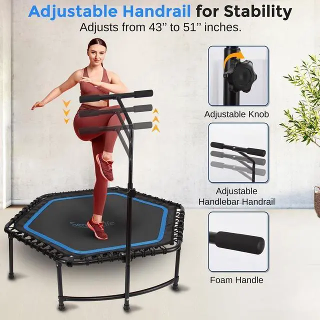 Alt view image 3 of 7 - SereneLife 40/48" Foldable Mini Trampoline - Compact Fitness Trampoline for Kids Adults, Exercise Bungee Rebounder with Adjustable Foam Handle, Indoor/Garden Workout Equipment, Max Load 264 lbs