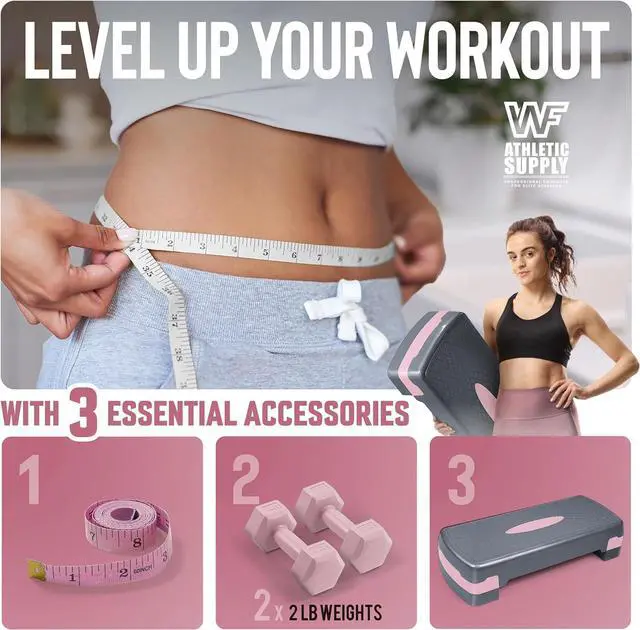 Alt view image 2 of 7 - Aerobic Stepper Set with Dumbbells & Measuring Tape, Adjustable Height 2 Level Risers Workout Exercise Step Platform, 3 Colors, the Ultimate Gift for a Joyful Holiday and Merry Christmas