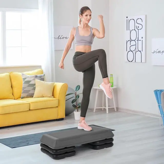 Alt view image 2 of 7 - 28.5'' Exercise Step Platform Aerobic Stepper Workout Step Up Box for Home Gym, Circuit Size Steppers Bench, 4 Stackable Risers, 3 Levels 4"-6"-8" Height Adjustable Fitness Stair