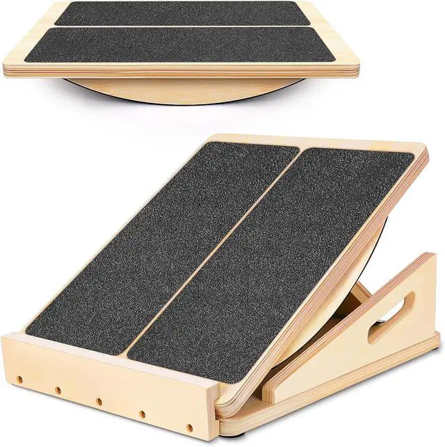Main image of 2-in-1 Professional Wooden Balance Board & Slant Board, Four Adjustable Incline Board and Calf Stretcher, Stretch Board for Knees Ankle Heel Feet Leg