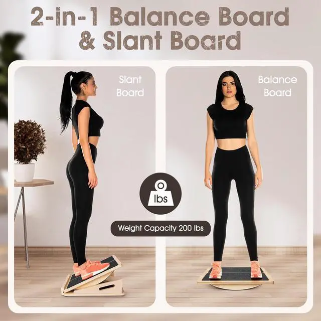 Alt view image 2 of 7 - 2-in-1 Professional Wooden Balance Board & Slant Board, Four Adjustable Incline Board and Calf Stretcher, Stretch Board for Knees Ankle Heel Feet Leg
