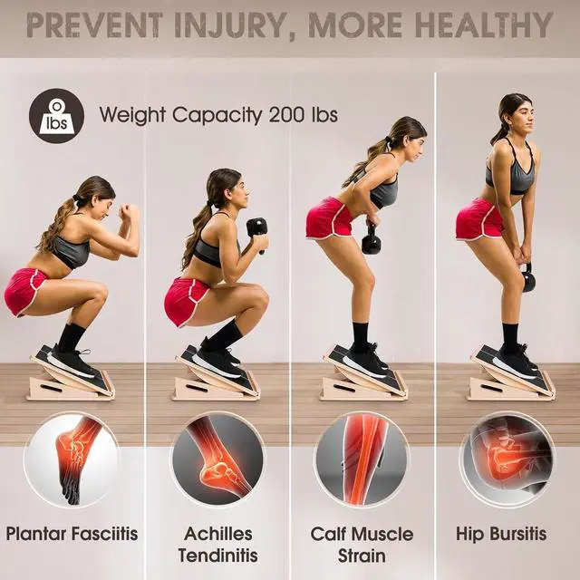Alt view image 6 of 7 - 2-in-1 Professional Wooden Balance Board & Slant Board, Four Adjustable Incline Board and Calf Stretcher, Stretch Board for Knees Ankle Heel Feet Leg