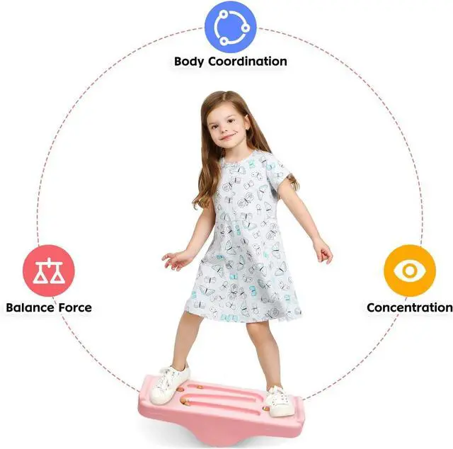 Alt view image 3 of 7 - Kids Rocking Seesaw Balance Board with 5 Wooden Balls Sensory Training Rocking Board Balance Training Equipment Children Indoor Outdoor Activity Toy (Pink)