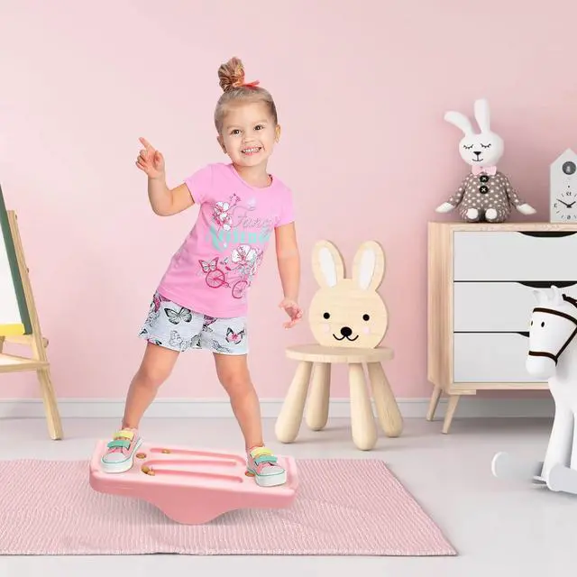 Alt view image 6 of 7 - Kids Rocking Seesaw Balance Board with 5 Wooden Balls Sensory Training Rocking Board Balance Training Equipment Children Indoor Outdoor Activity Toy (Pink)